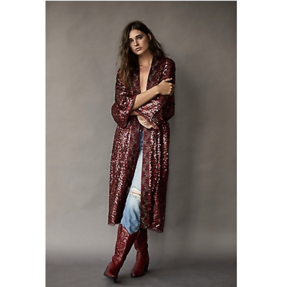NWOT FREE PEOPLE Red Sequin Long Belted Duster - Picture 1 of 12